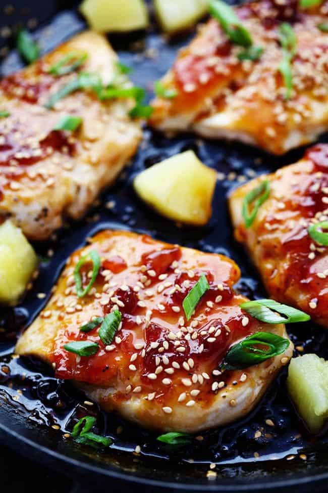 A sweet teriyaki sauce infused with pineapple and ginger bringing such an amazing marinade for this chicken! ย A quick 30 minute meal that you will make again and again!ย Chicken teriyaki with pineapple and onion.