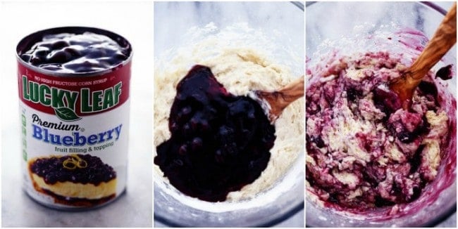 An amazingly moist muffin bread filled with blueberry pie filling. Topped with a crumb topping and drizzled in a lemon glaze this bread is incredible!ย LuckyLeaf blueberry pie filling being mixed into the batter for the bread.