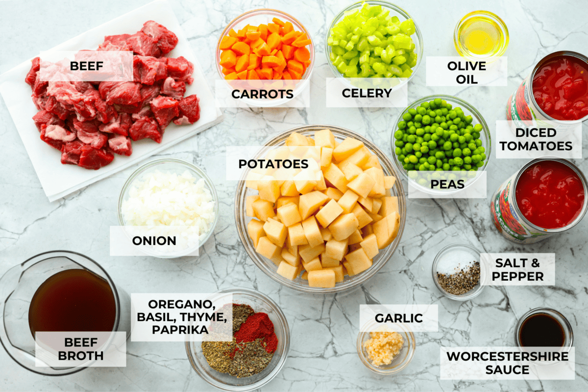This hearty Vegetable Beef Soup is comforting and flavor-packed! It's loaded with beef, potatoes, and veggies that simmer to tender perfection. A classic and easy one-pot soup for a chilly night. Ingredients labeled to make vegetable beef soup.