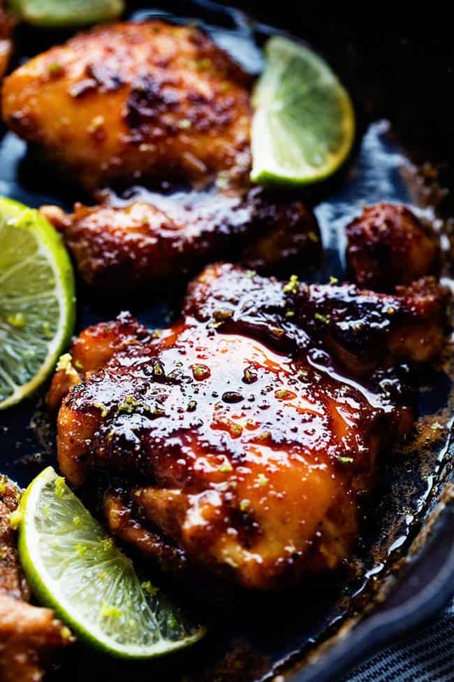 Delicious spiced rubbed chicken cooked to tender and juicy perfection. It gets glazed with the most amazing honey lime sauce and is sure to be a huge hit! Skillet honey lime chicken in a large skillet.