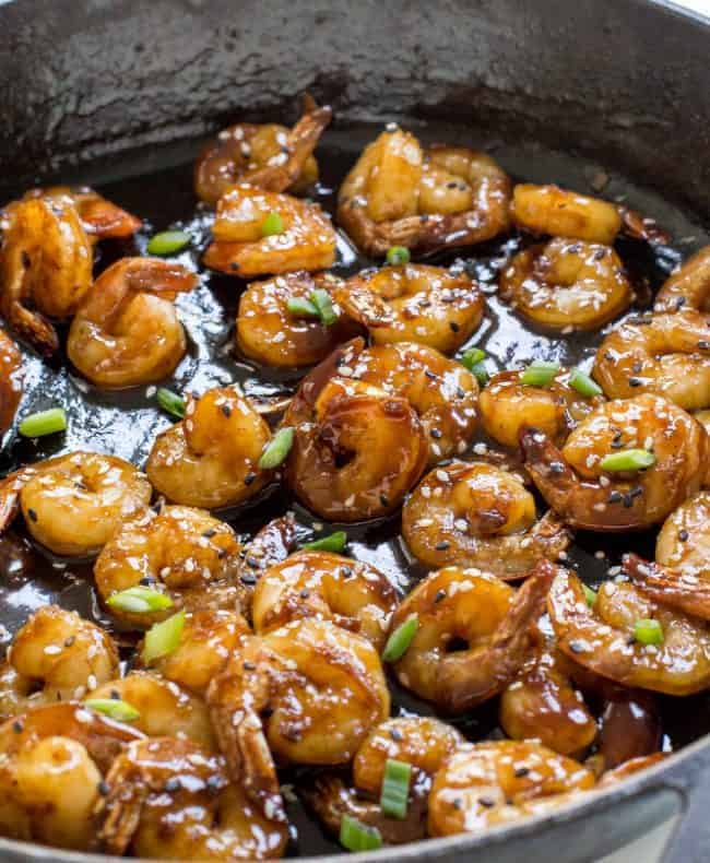 Super Easy Hoisin Shrimp that can be made in only 10 minutes! Hoisin Shrimp in a skillet.