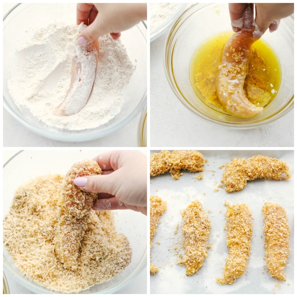 Delicious chicken tenders breaded in a garlic parmesan panko mixture and baked to crispy perfection! This is a meal the entire family will love! Chicken tenders being put in flour, then a buttery oil mixtures and lastly added to a panko and parmesan mixture then placed on a baking sheet.