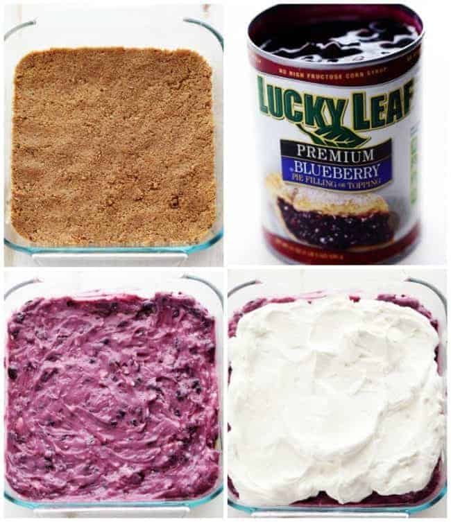 No Bake Creamy Blueberry Pecan Squares are a cool and creamy layered summer dessert. You will love the creamy blueberry center on top of a pecan graham crust and topped with fresh whipping cream and chopped pecans! Collage of photos showing the process of making the No Bake Creamy Blueberry Pecan Squares in a clear pan.