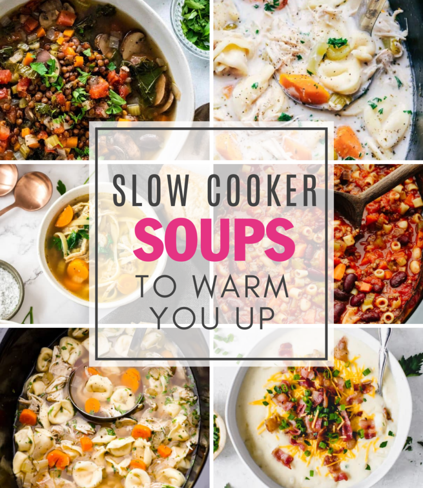 This incredible lineup of slow cooker soups will keep you warm all season long! Sweet, spicy, savory, creamy, and cheesy, this roundup has everything you want and has enough soups to try all season long! A collage of six different slow cooker soups with the text that says "slow cooker soups to wam you up".