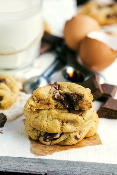The ULTIMATE Cookie Exchange with more than 50 of the VERY BEST cookies on the internet! I've looked high and low and promise you these are the very yummiest cookies around. Get your whisk ready and preheat your oven because you will want to make every single one! Half batch of chocolate chip cookies. One of the cookies have a bite out of it.