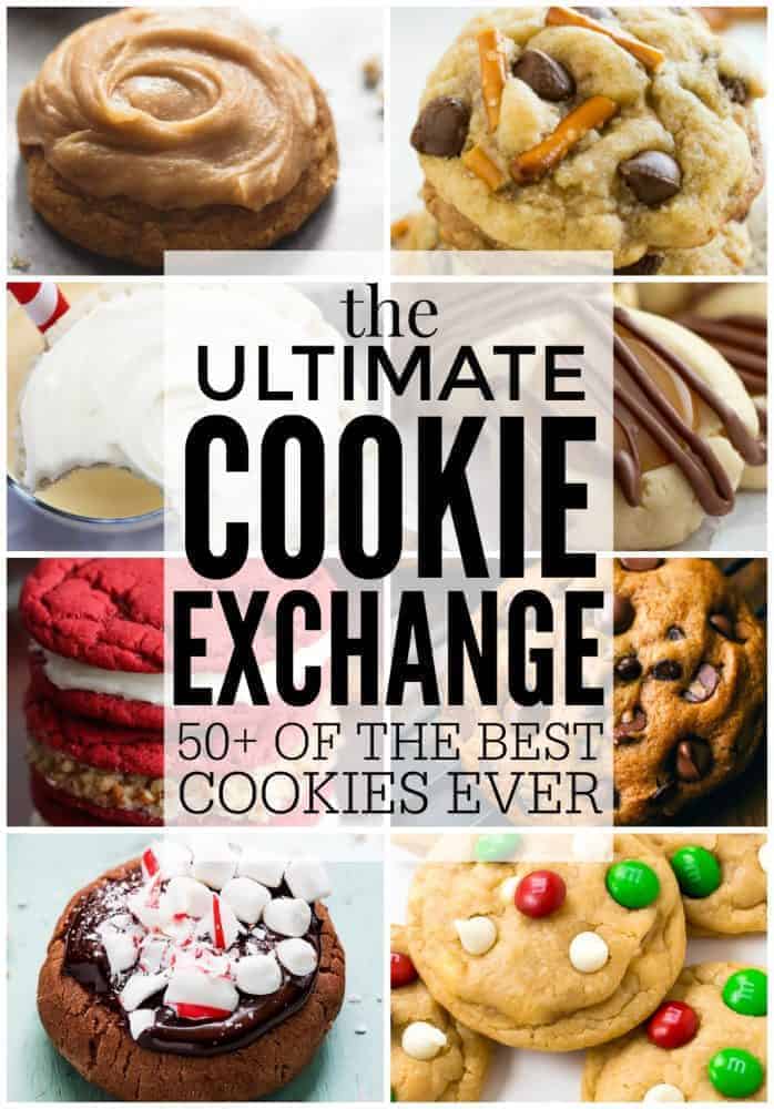 the ULTIMATE Cookie Exchange with more than 50 of the VERY BEST cookies on the internet! I've looked high and low and promise you these are the very yummiest cookies around. Get your whisk ready and preheat your oven because you will want to make every single one! A collage of the ultimate cookie exchange cookies.