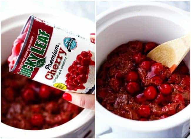 Slow Cooker Cherry Chocolate Hot Fudge Cake is a perfectly tender chocolate cake with hidden cherries inside. It creates a magical fudge sauce while it is in the slow cooker and is completely irresistible! Two photos side-by-side. One on the left-hand side has lucky with premium cherry fruit filling in topping can being dumped out into the slow cooker. This second photo on the right hand side is a wooden spoon stirring the cherry fruit filling in topping sauce.