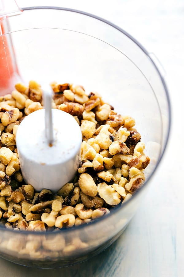 I LOVED using walnuts in the crispy coating of the chicken. It adds a delicious and nutty flavor to the outside and combines so perfectly with the herbs giving it incredible flavor. It gives such an amazing crispy coating. Walnuts in a food processor.
