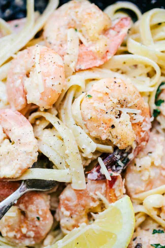 Creamy Parmesan Garlic Shrimp Pasta is the perfect quick and easy meal that is on the dinner table in less than 20 minutes! Shrimp get coated in the very best creamy parmesan garlic sauce and is wonderful tossed with fresh pasta. Creamy Parmesan Garlic Shrimp Pasta on a fork.