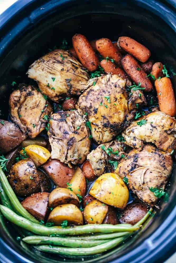 Slow Cooker Brown Sugar Balsamic Chicken and Vegetables is a fantastic meal with tender and juicy chicken with a delicious sweet and tangy balsamic sauce. ย This slow cooks to perfection with veggies making an awesome meal in one! Slow Cooker Brown Sugar Balsamic Chicken and Veggies