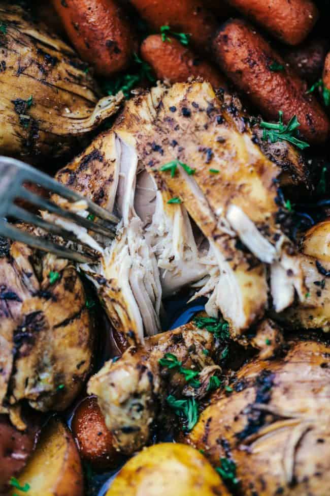 Slow Cooker Brown Sugar Balsamic Chicken and Vegetables is a fantastic meal with tender and juicy chicken with a delicious sweet and tangy balsamic sauce. ย This slow cooks to perfection with veggies making an awesome meal in one! Slow Cooker Brown Sugar Balsamic Chicken and Veggies 3