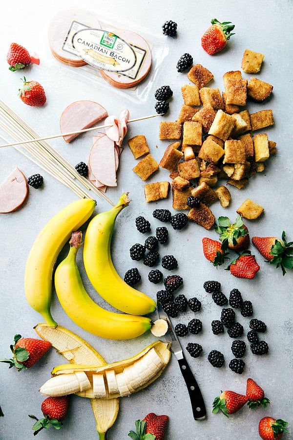 Canadian Bacon and French Toast Kabobs make a fun and delicious breakfast! Loaded up with fresh fruit, canadian bacon, and french toast these will become a new favorite way to eat breakfast!ย Canadian Bacon and French Toast Kabobs ingredients.