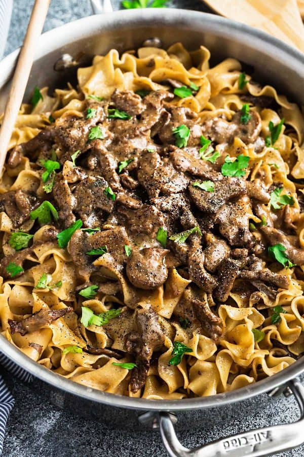 One Pot Beef Stroganoff has all the delicious flavors you love about this classic comfort food made easier in just ONE pan! Strips of tender beef, soft egg noodles coated in a creamy mushroom sauce and perfect for busy weeknights! One Pot Beef Stroganoff