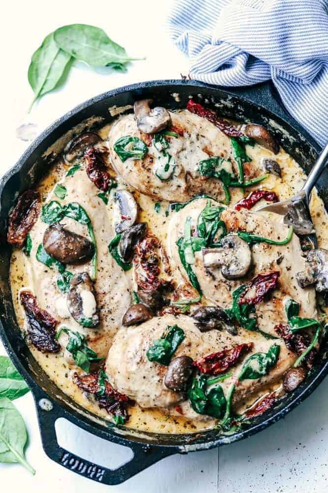 Skillet Creamy Chicken Mushroom Florentine in a cast iron skillet.