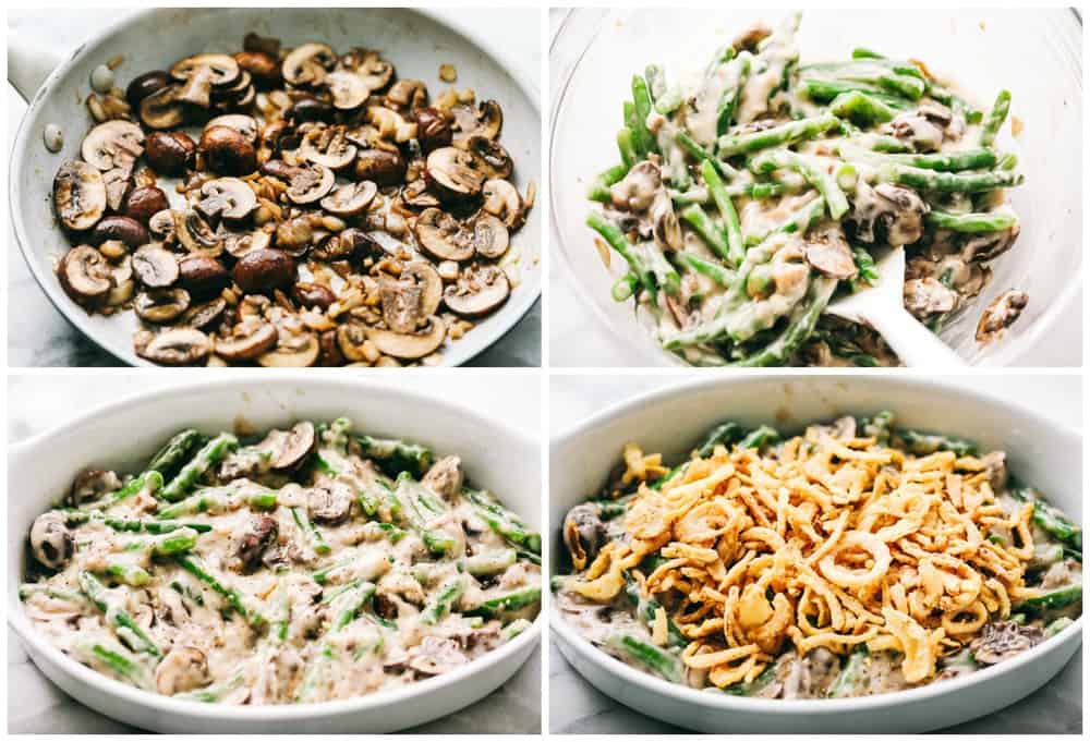 Green Bean Casseroleย is a classic, savory side dish that is favored by all! Filled with fresh mushrooms, garlic, parmesan and baked in a creamy sauce, thereย won't be a green bean leftย with this freshly made casserole.ย steps to making green bean casserole