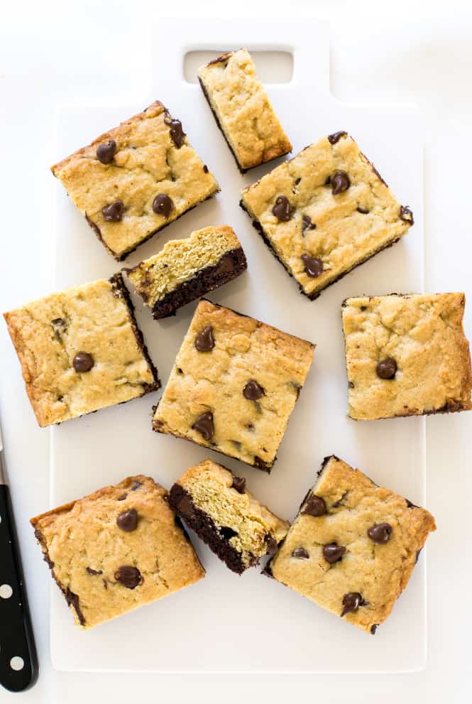 Amazing Brookie Bars! A layer of chewy chocolate chip cookie and a layer of fudgey brownie. The best of both worlds! Areal view of Brookie Bars.