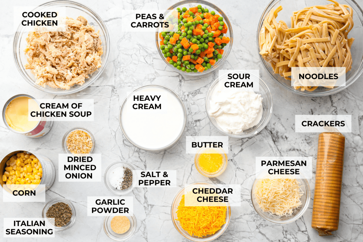 Creamy Chicken Noodle Casserole is comfort food at its finest! Soft and slightly chewy noodles, tender chicken, crisp vegetables, creamy and cheesy sauce, with a buttery cracker topping. This will become a family favorite! Overhead shot of labeled ingredients.