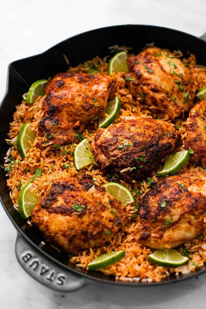 One Pan Chili Lime Chicken and Rice is made in one pan with minimal ingredients but is packed with amazing flavor! ย Your entire family will love this easy 3o minute meal! one pan chili lime chicken and rice