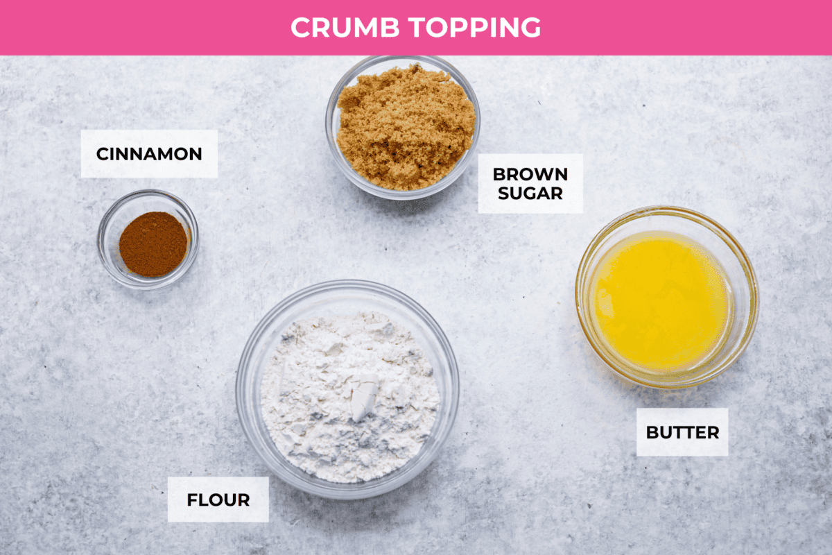Apple Crumb Muffins are sweet and fluffy bakery-style muffins topped with a brown sugar crumble.ย Every bite is loaded with fresh apple pieces and spiced to perfection! Ingredients listed to make the crumb topping.