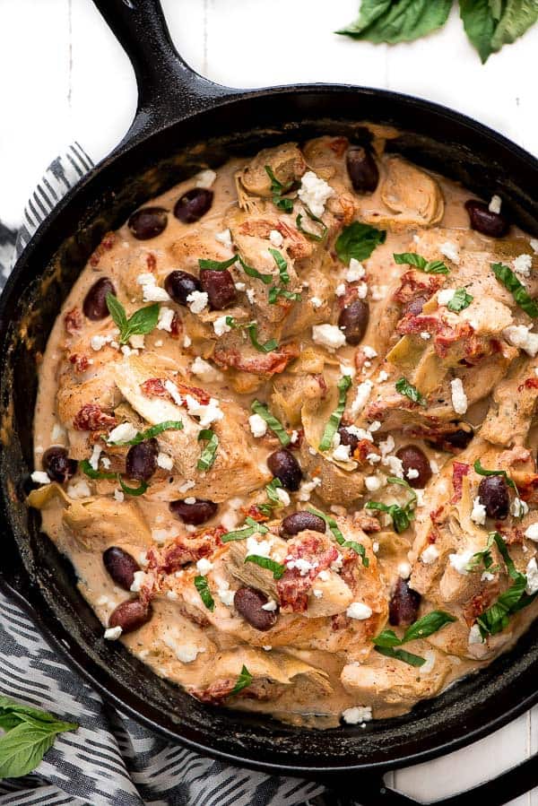 Creamy Mediterranean Chicken is a quick and easy comforting dish. Itโs full of tender chicken, artichokes, kalamata olives, and sun dried tomatoes all robed in a delicious creamy sauce.