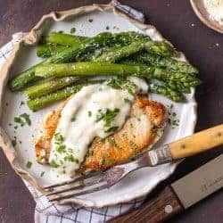 These Creamy Parmesan Pork Chops are sure to be a hit around the family table. The simple garlic parmesan sauce is oh so delicious and so easy anyone can make it in minutes.ย
