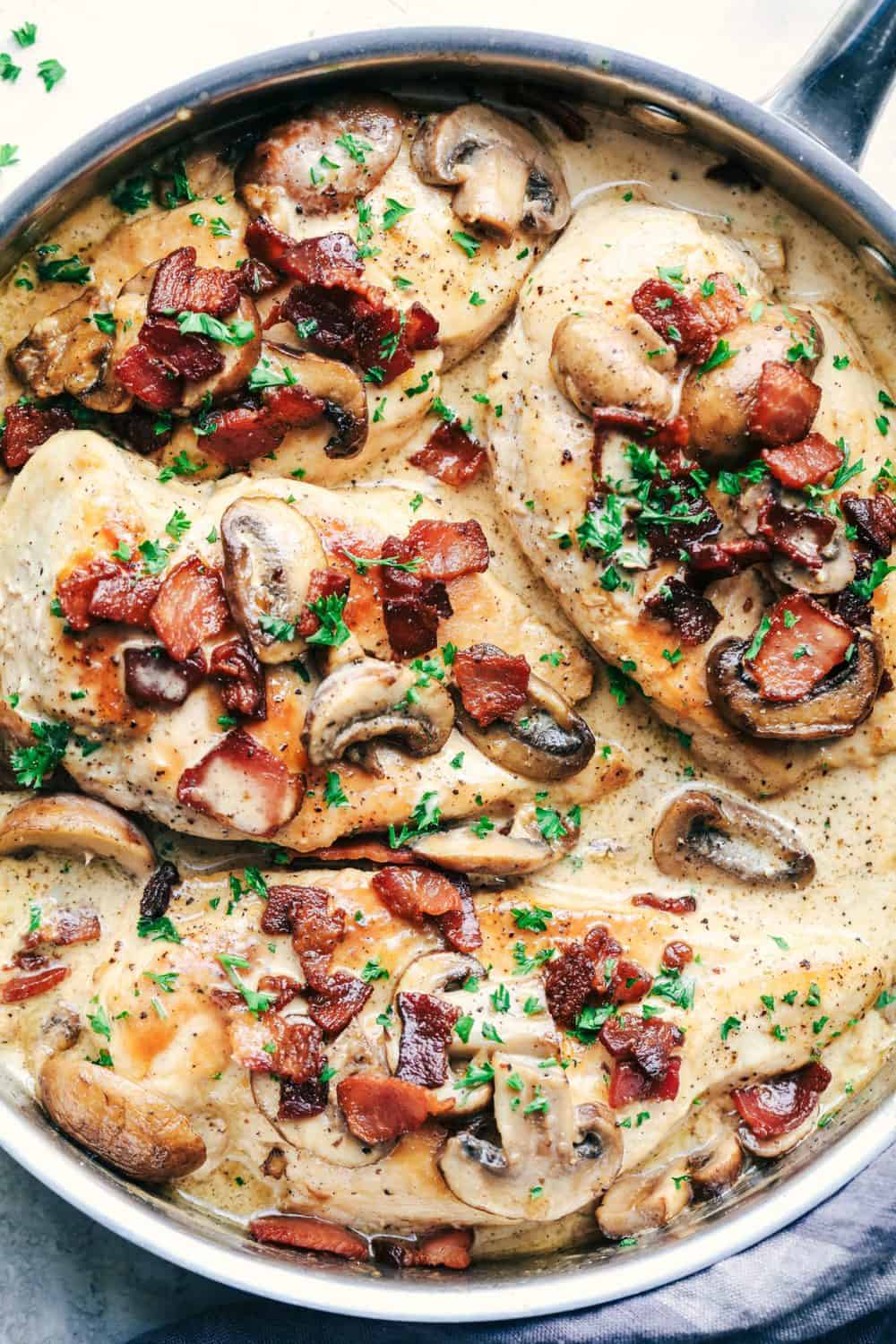 Creamy Balsamic Mushroom Bacon Chicken has the most amazing creamy balsamic mushroom sauce with tender and juicy chicken topped with crispy bacon. This is an easy restaurant quality meal you can make at home! Creamy Balsamic Mushroom Bacon Chicken in the skillet.
