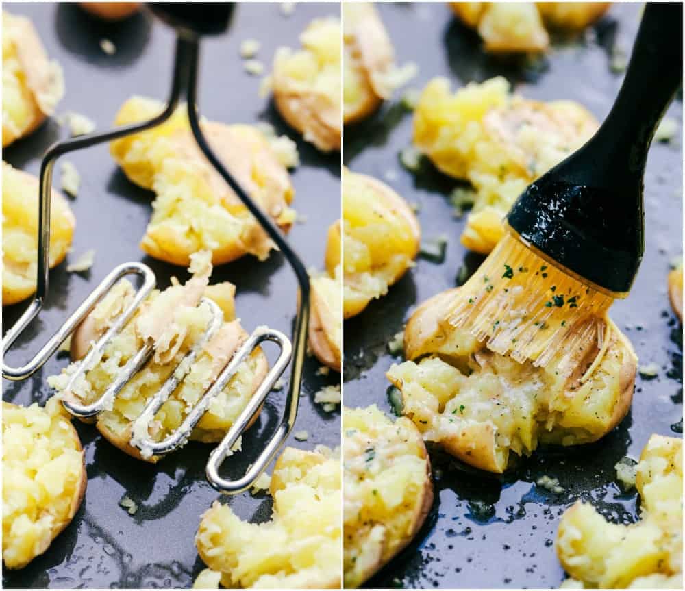 Garlic Ranch Smashed Potatoes are crispy on the outside and tender on the inside with the most incredible garlic ranch flavor! These make the perfect side dish or appetizer. Smash potatoes and brush with butter and garlic/ranch mixture.