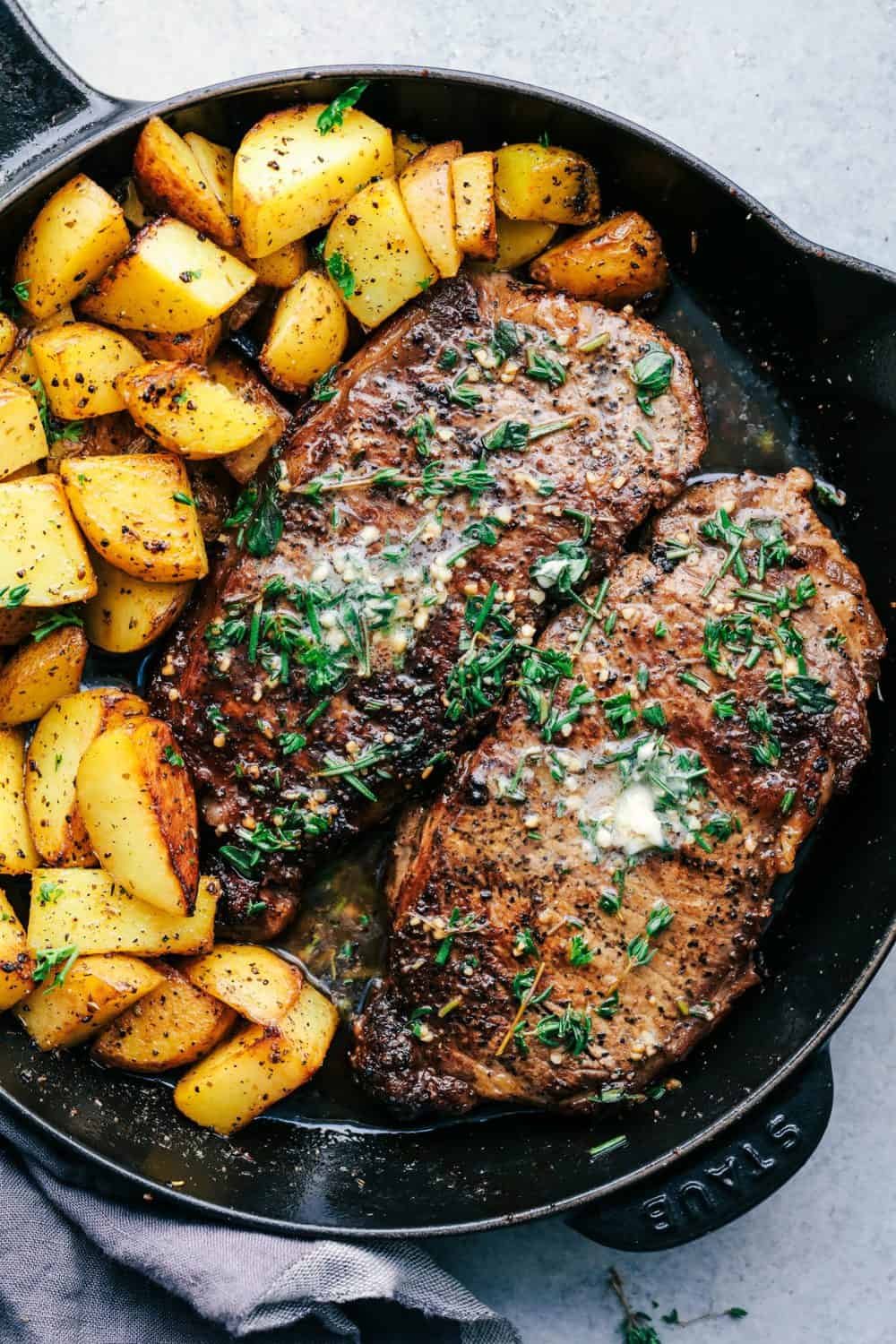 If there’s one dinner that never goes out of style, it’s steak and potatoes, especially when they’re seared to perfection in a hot skillet with garlic butter and fresh herbs. This one-pan meal is full of rich, savory flavor and comes together fast. Skillet Garlic Butter Herb Steak and Potatoes in a skillet.