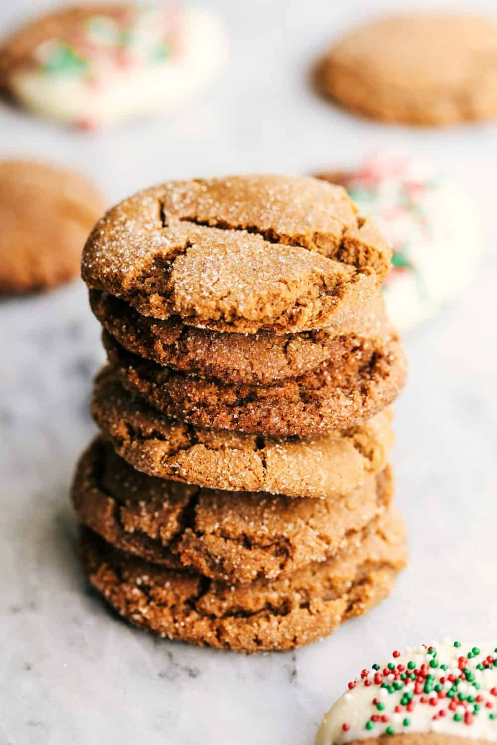 Best Ever Molasses Cookies have a slightly crisp sugar coated edge and a soft and chewy center. These are the perfect holiday cookie! Stack of Best Ever Molasses Cookies.