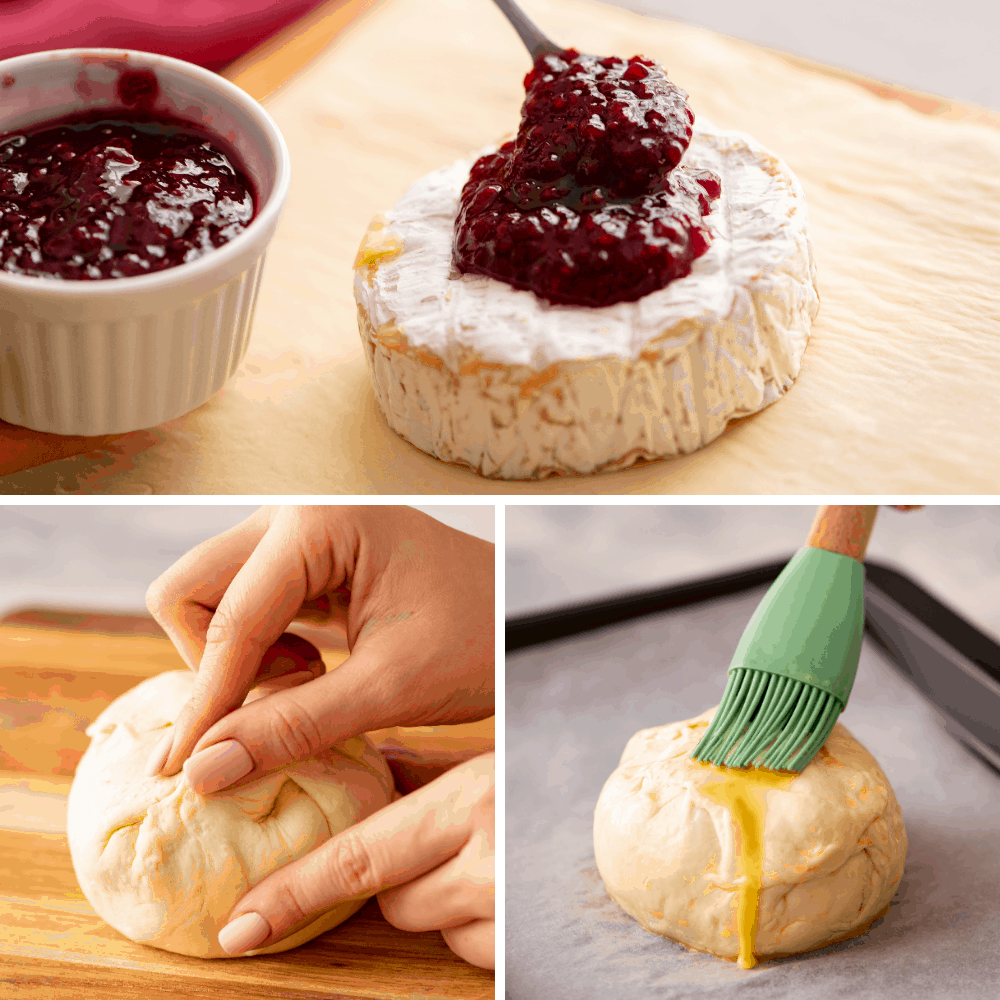 Raspberry Baked Brie is the perfect holiday appetizer with just FOUR ingredients! It is quick and easy to make and a tried and true favorite! The process shots of making Baked Brie.