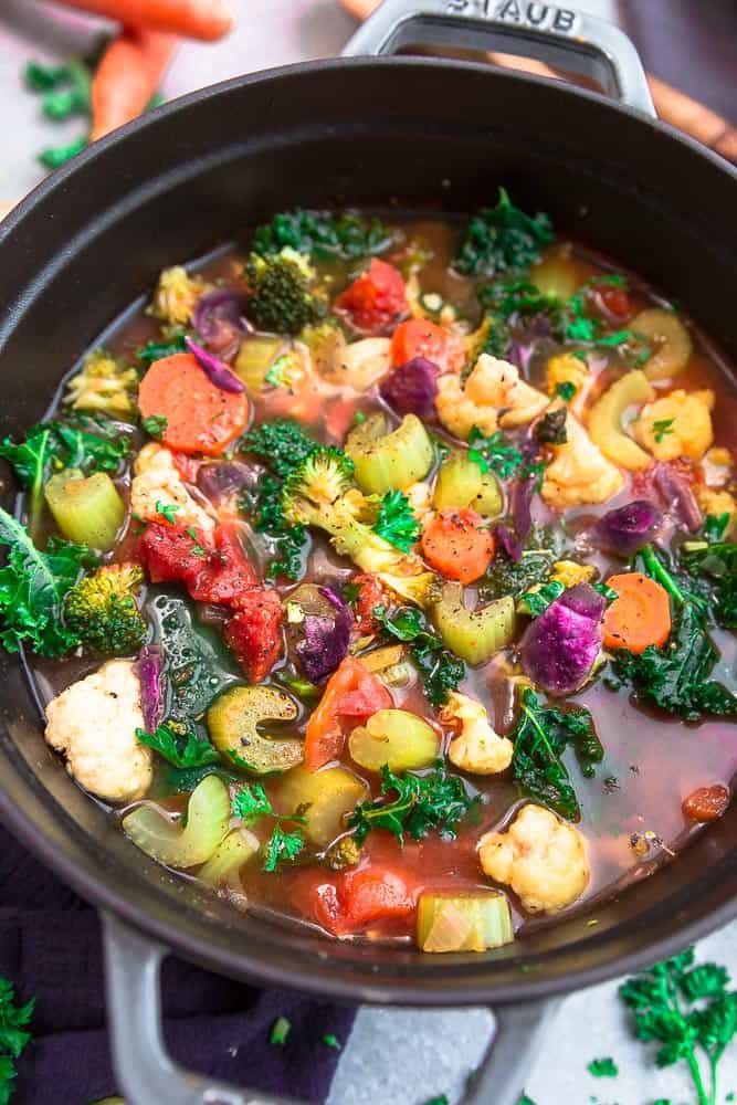 Vegetable Detox Soupย is an easy one pot recipe perfect for getting back on track for the new year! Best of all, it's comforting, flavorful and packed with lots of healthy vegetables. vegetable detox soup in a pot