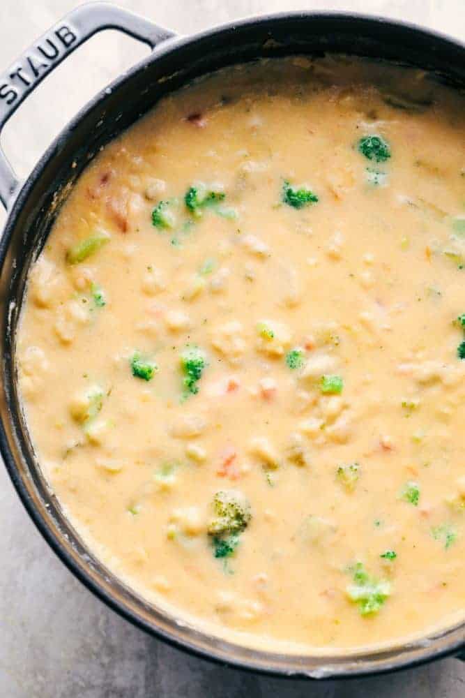 Cheesy Vegetable Soup is jam packed with tender vegetables in a creamy cheesy soup. This soup has amazing flavor and is so comforting in the winter! Cheesy Vegetable Soup in a iron skillet.