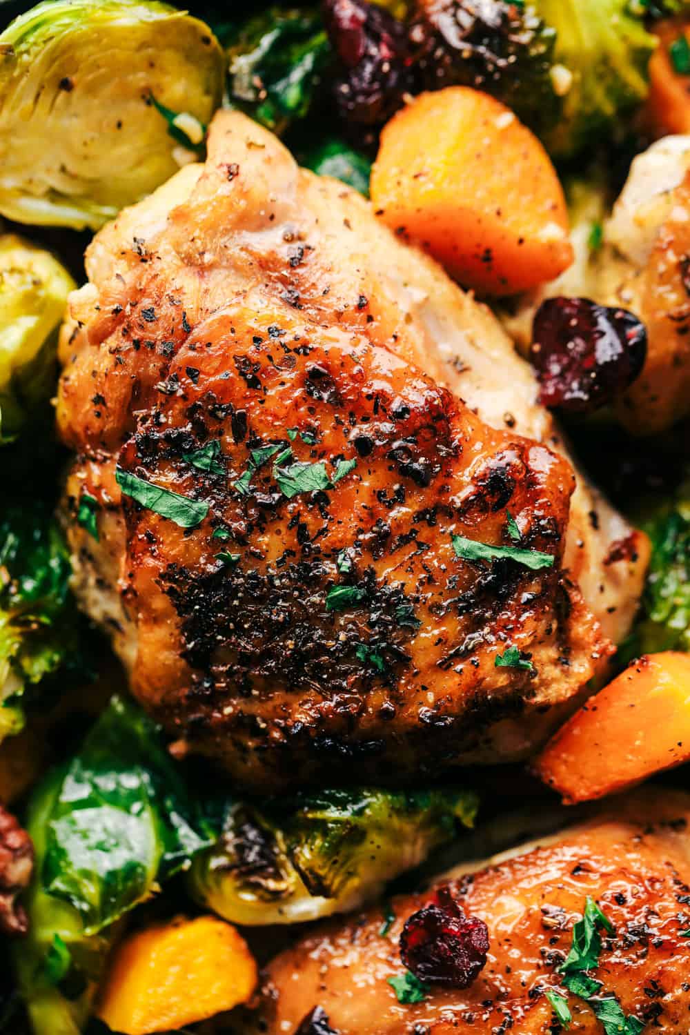 Roasted Honey Garlic Butter Chicken with Brussels Sprouts and Butternut Squash is a rustic and delicious meal that is full of amazing flavor. This is a comforting meal in one that is perfect for feeding your family! roasted honey garlic butter chicken wit Brussels sprouts and butternut squash up close picture