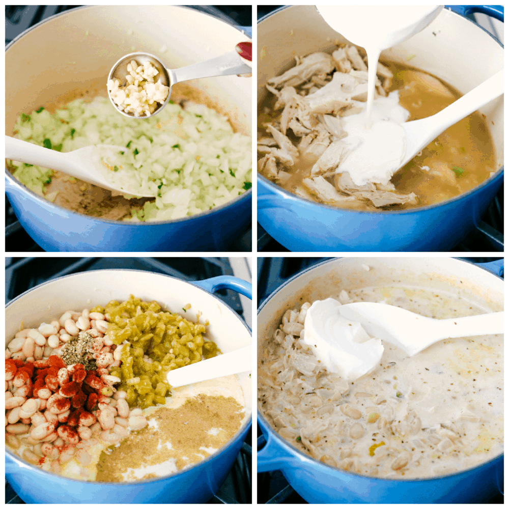 White Chicken Chili is loaded with beans, chicken, green chilies and the most luscious creamy broth. A twist on a classic that's perfect for a cold day. Serve it up with corn bread and a salad and your set for a satisfying comfort meal. Making creamy, savory, hearty White Chicken Chili.