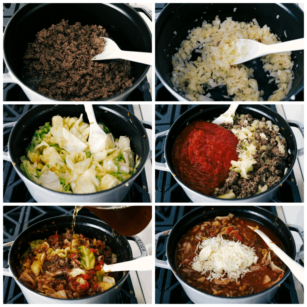 Stuffed Cabbage Soup made with ground beef, rice, cabbage and fresh tomato sauce on your stovetop in just thirty minutes. This hearty rich soup is cozy and perfect for those cold winter nights. It comes together in 30 min so it's easy and ideal for a busy day. Making Stuffed Cabbage Soup on the stove.