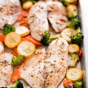 This Baked Tilapia and Roasted Veggies is a low calorie and high protein dish that comes together in less than 25 minutes!ย