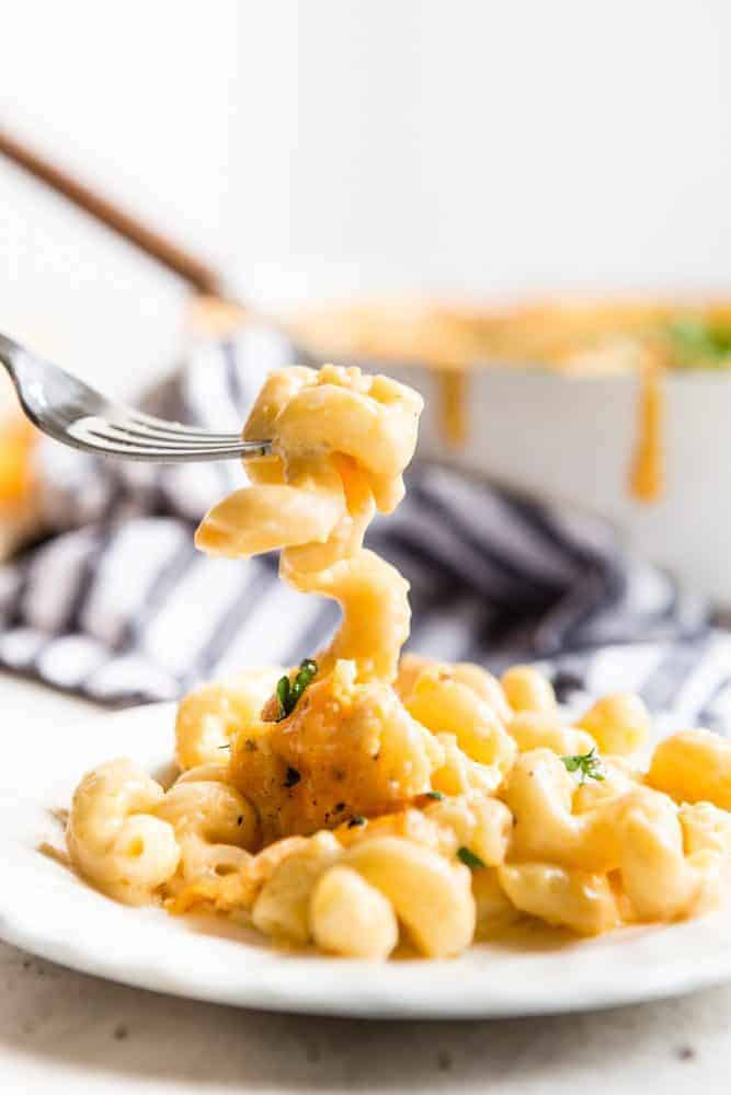 This Baked Macaroni and Cheese comes together quick and easy. Homemade cheese sauce generously covers noodles and is baked to a rich, bubbly, golden brown perfection. When served with a hearty side of veggies, this indulgent dish becomes the perfect weeknight meal. Baked Macaroni and Cheese on a white plate with a fork.