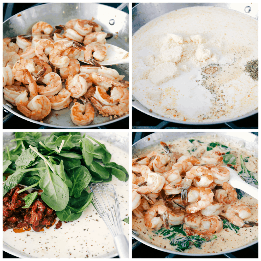 Tuscan Garlic Shrimpย is the most amazing creamy shrimp dish. A creamy garlic parmesan sauce with spinach and sun-driedย tomatoesย creates an unforgettable restaurantย qualityย meal right at home! Sauteing the shrimp, making the cream sauce and adding the ingredients all together.