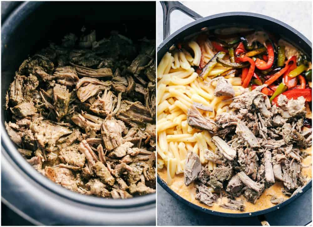 Creamy Pork Carnitas Pasta has crazy tender seasoned fresh pork with peppers and creamy pasta. All of the flavors you love about carnitas packed into a delicious meal! Pork Carnitas in a pan.