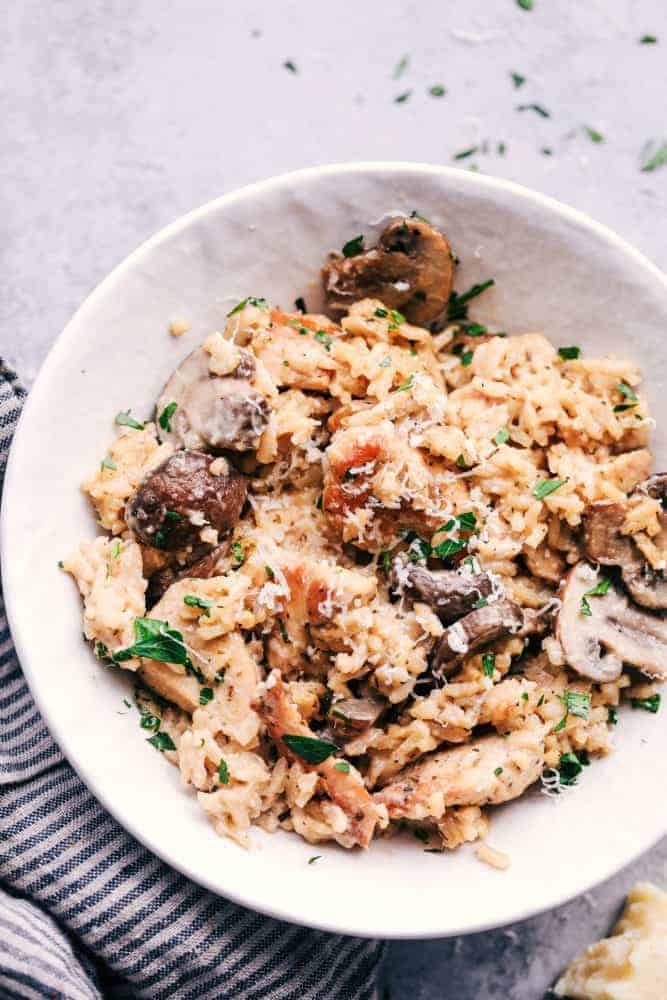 One Pot Creamy Parmesan Chicken with Mushroom Rice will be one of the best things you will ever eat! All you need is one pot to create an amazingly creamy and delicious meal that is ready in under 30 minutes! Creamy Parmesan Chicken with Mushroom Rice in a white bowl.