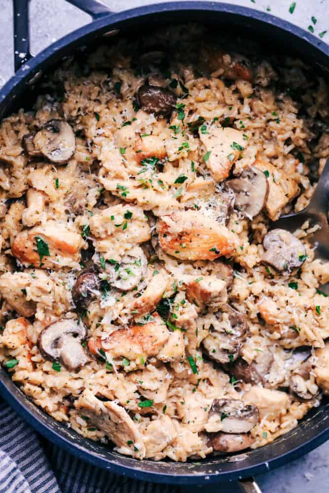 One Pot Creamy Parmesan Chicken with Mushroom Rice will be one of the best things you will ever eat! All you need is one pot to create an amazingly creamy and delicious meal that is ready in under 30 minutes! Creamy Parmesan Chicken with Mushroom Rice in a skillet.