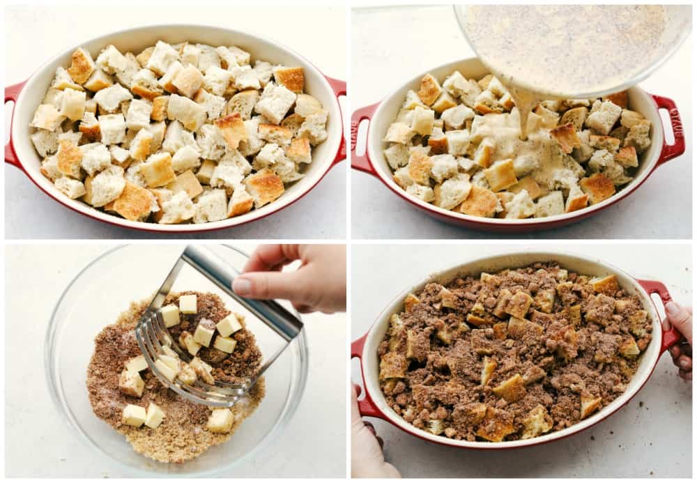 Cinnamon baked French toast is a delicious breakfast casserole full of cinnamon sugar goodness! Soft brioche bread pieces get baked in a sweet creamy custard. French toast has never been easier! First photo of the cubed bread in a baking dish. Second photo of the custard pouring over the bread. Third photo of the butter cutting into the topping mixture. Fourth photo of the topping sprinkled on top of the casserole before it bakes.