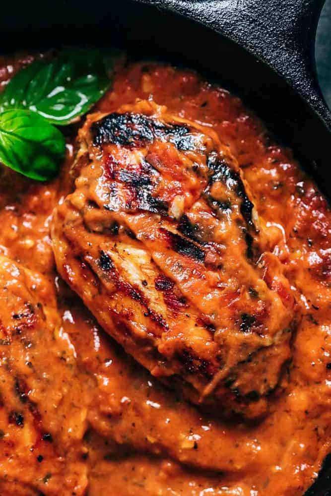Creamy Tomato Basil Chicken is a simple, one pan meal that the entire family will love. With only five ingredients that are most likely in your pantry, this is an easy recipe that will become a dinner favourite! Closeup of creamy tomato basil chicken.