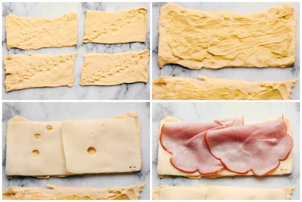 Hot Ham and Swiss Pinwheels have smoked ham and melty swiss cheese that are rolled up in croissantย dough and are brushed with a buttery garlic poppyseed topping! The perfect insanely delicious quick and easy dinner or appetizer! Process of creating the rolls.