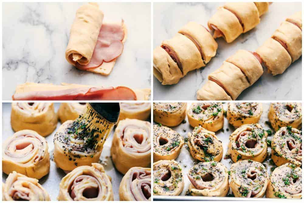 Hot Ham and Swiss Pinwheels have smoked ham and melty swiss cheese that are rolled up in croissantย dough and are brushed with a buttery garlic poppyseed topping! The perfect insanely delicious quick and easy dinner or appetizer! Process of making Hot Ham and Swiss Pinwheels from rolling ham and slicing and basting.