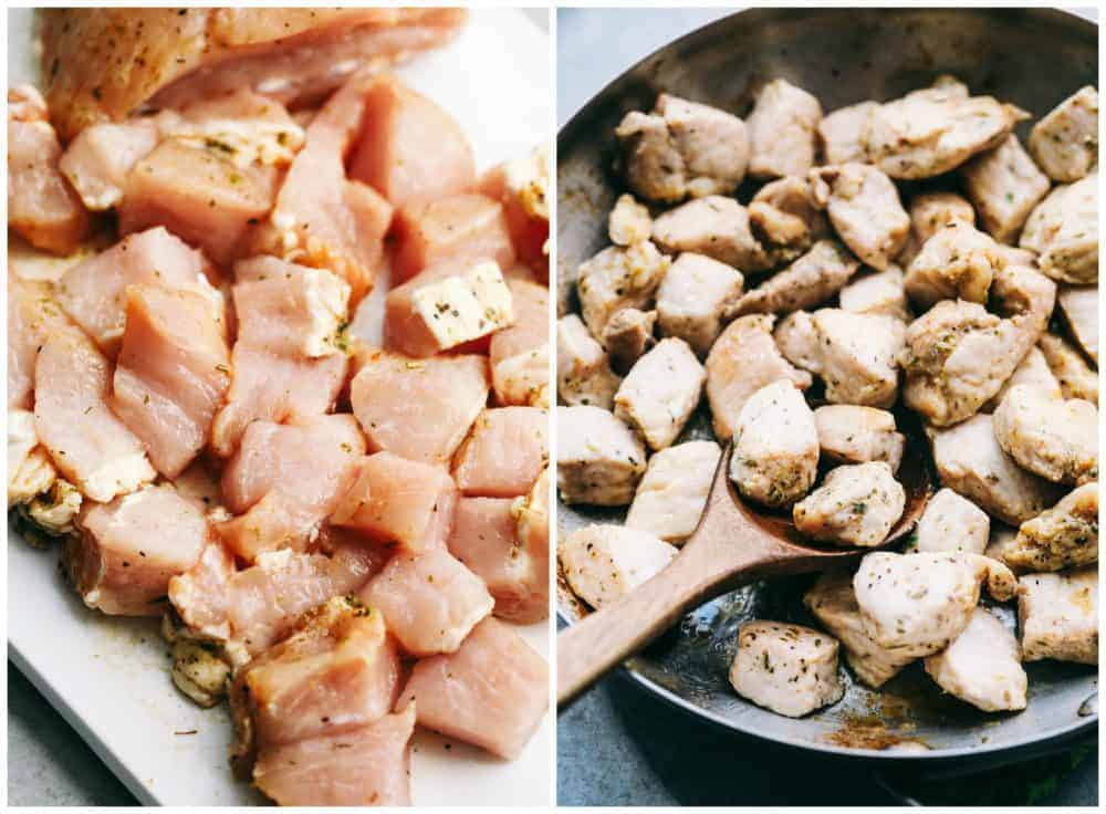 Creamy Garlic Pork Marsalaย is a 30 minute dish that has the most amazing creamy garlic marsala sauce with tender, juicy, fresh pork and mushrooms hidden inside.ย This meal is a unique spin on a traditional chicken marsala dish, and will be on repeat becauseย itsย perfect for busy nights!ย First picture is un-cooked diced pork on a plate. Second picture is cooked pork in a frying pan with a wooden spoon.