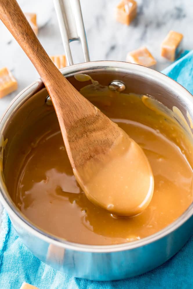 These Salted Caramel Brownie Bites are made with a simple, from-scratch, brownie batter and are filled with a rich (easy to make!) caramel filling! Top everything off with a sprinkle of flaky sea salt for a dessert you'll be coming back to over and over again! Caramel for salted caramel brownie bites.