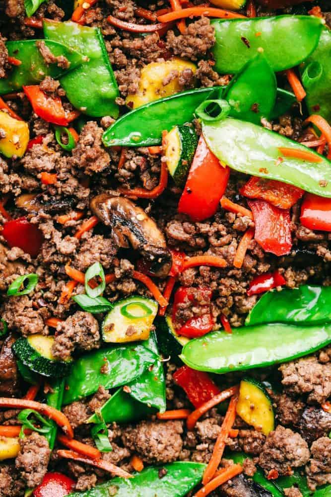 Korean Ground Beef Stir Fry is incredibly easy to make and has the best flavor! This is a recipe that my kids beg me to make every single week!ย Korean ground beef stir fry up close.