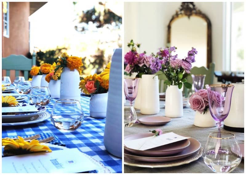 Cheesy Taco Soup is so simple to throw together and is loaded with taco inspired ingredients. The cheesiness takes this soup to the next level of delicious and will be loved by the entire family! Two photos of table settings. The one of the left with a main color of blue and the left is a main color of purple.