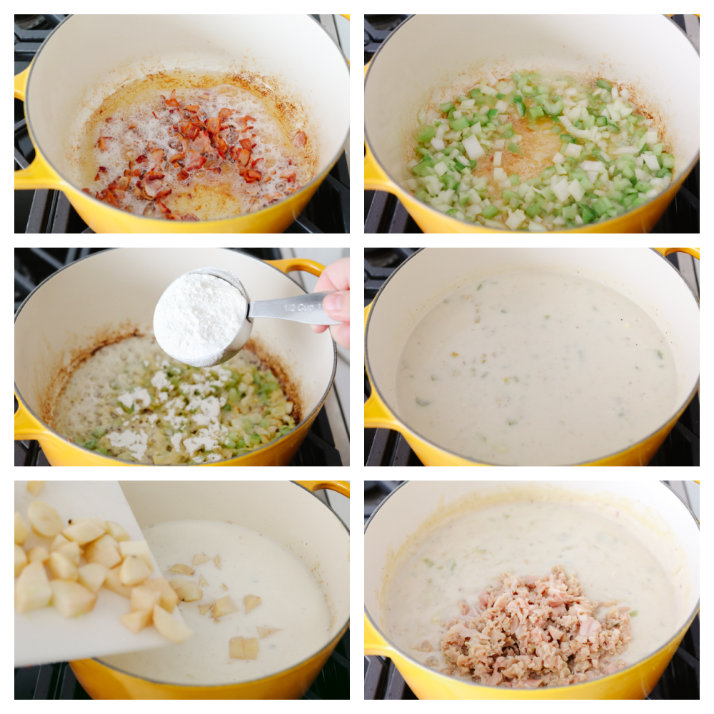 Creamy Clam Chowder with potatoes and vegetables is one of my favorite easy soup recipes! It's thick and creamy and tastes as if it came straight from a restaurant! It's SOO GOOD! 6 pictures showing step by step instructions on how to make chowder.